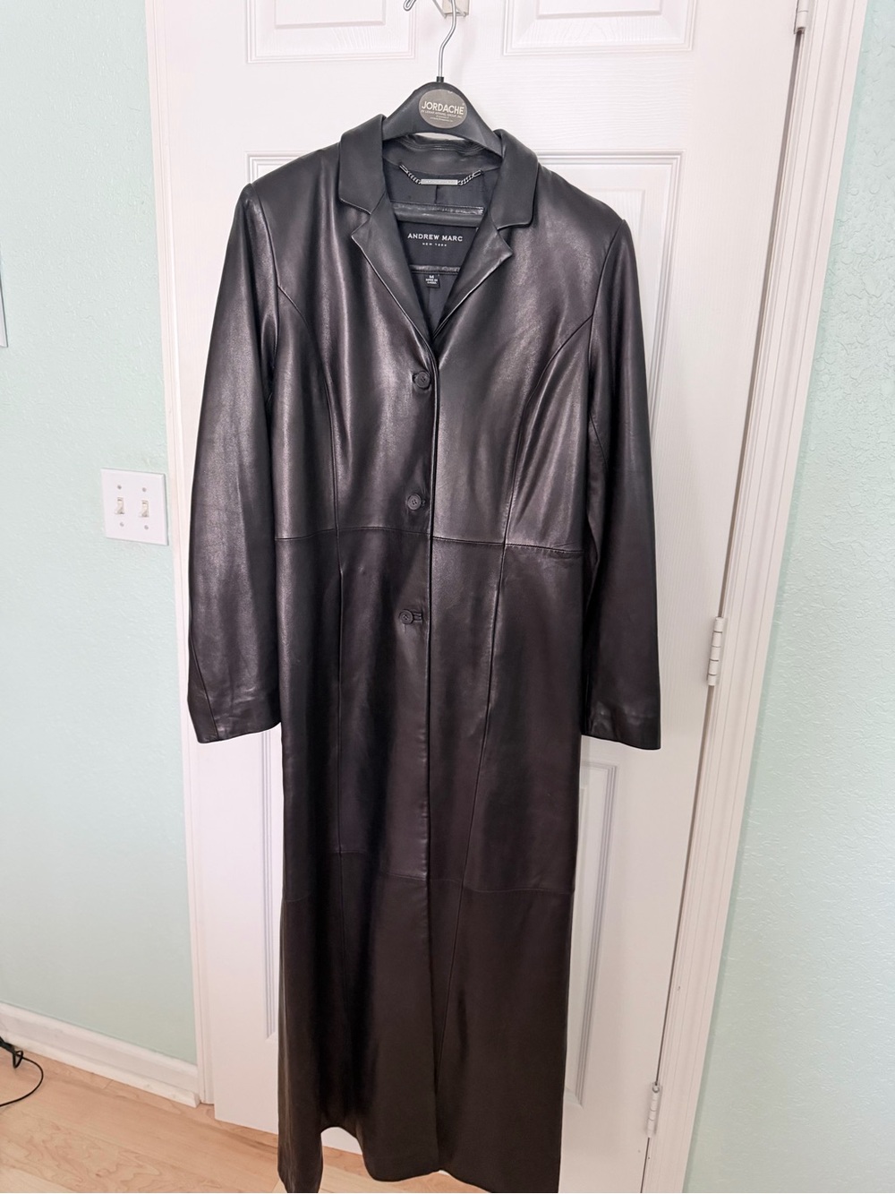 Rare Vintage Andrew Marc Black Long Leather Button-Front Coat